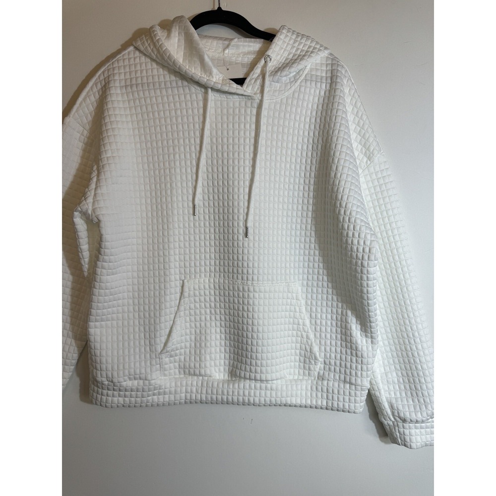 Women's White Waffle-Knit Hoodie kangaroo pocket Cozy Size XL‎